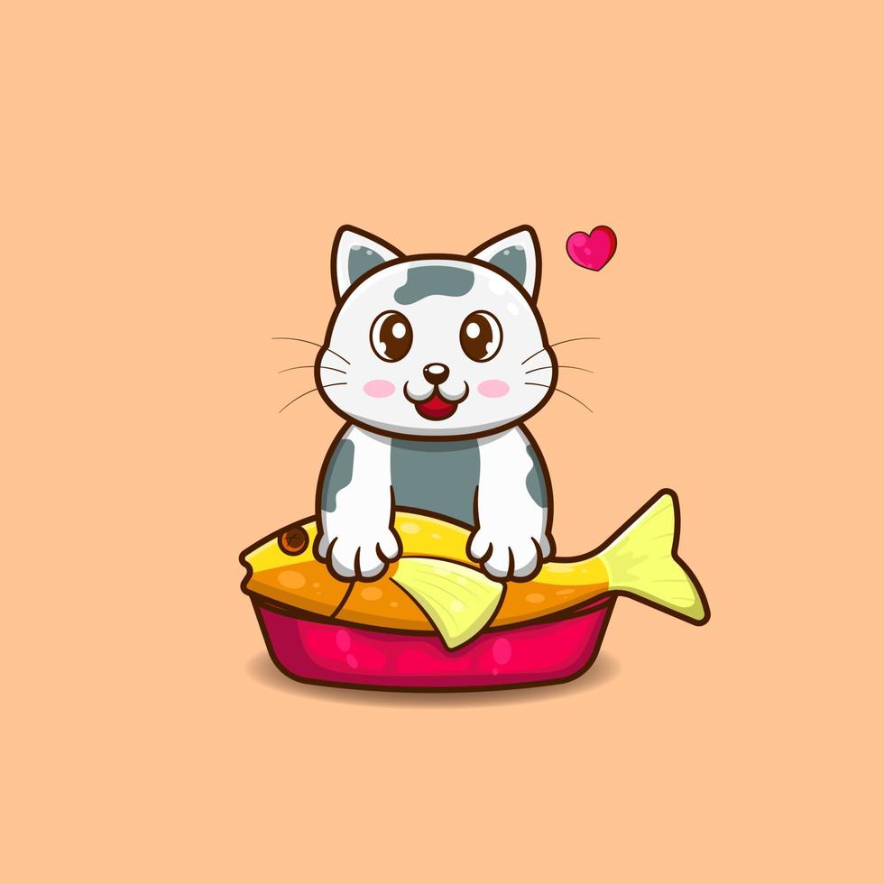 Cute cat holding fish in basket vector