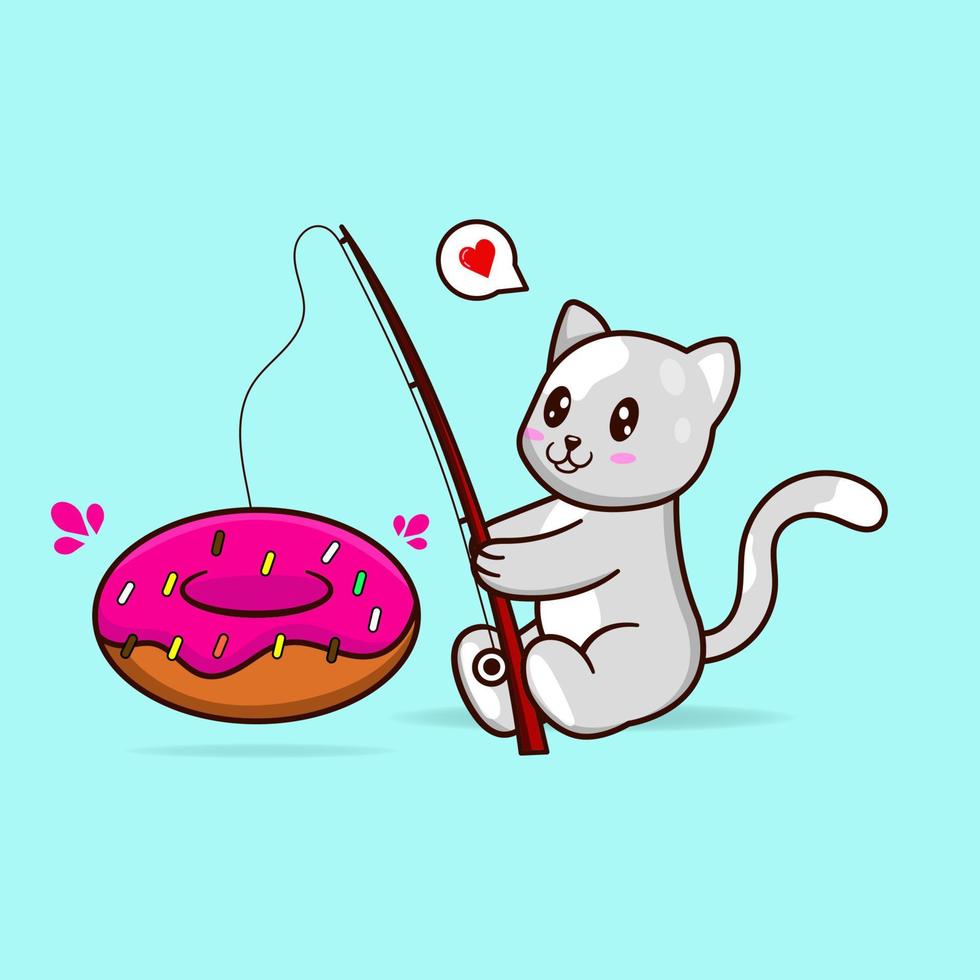 lindo gato pescando donas. ilustración de una linda mascota animal. vector