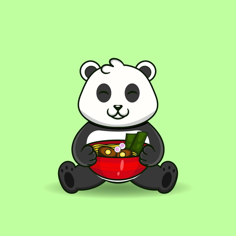 Fat panda eating noodles. Cute panda mascot. Mascot illustration. vector