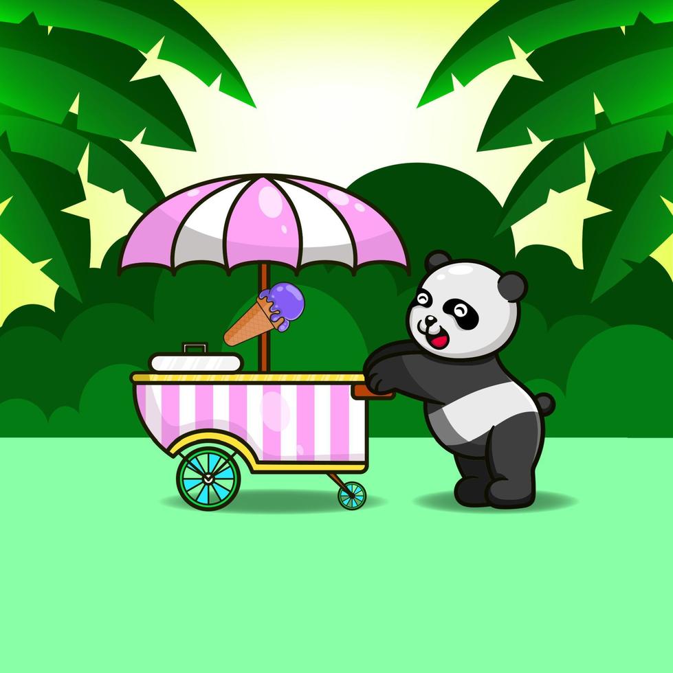 lindo panda empujando un carrito de helados con fondo natural vector