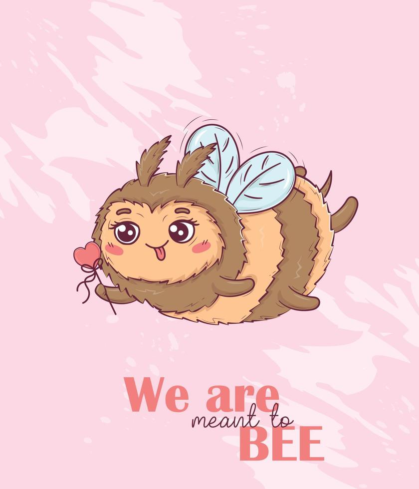 Greeting card Cartoon cute bee in love for Valentine's Day with funny animal themed sayings We are meant to BEE vector