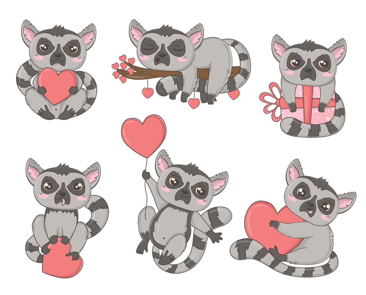 Clipart collection of funny tropical animals lemurs for Valentine's Day in hand drawn doodle style for children, children's books and games, cards, print vector