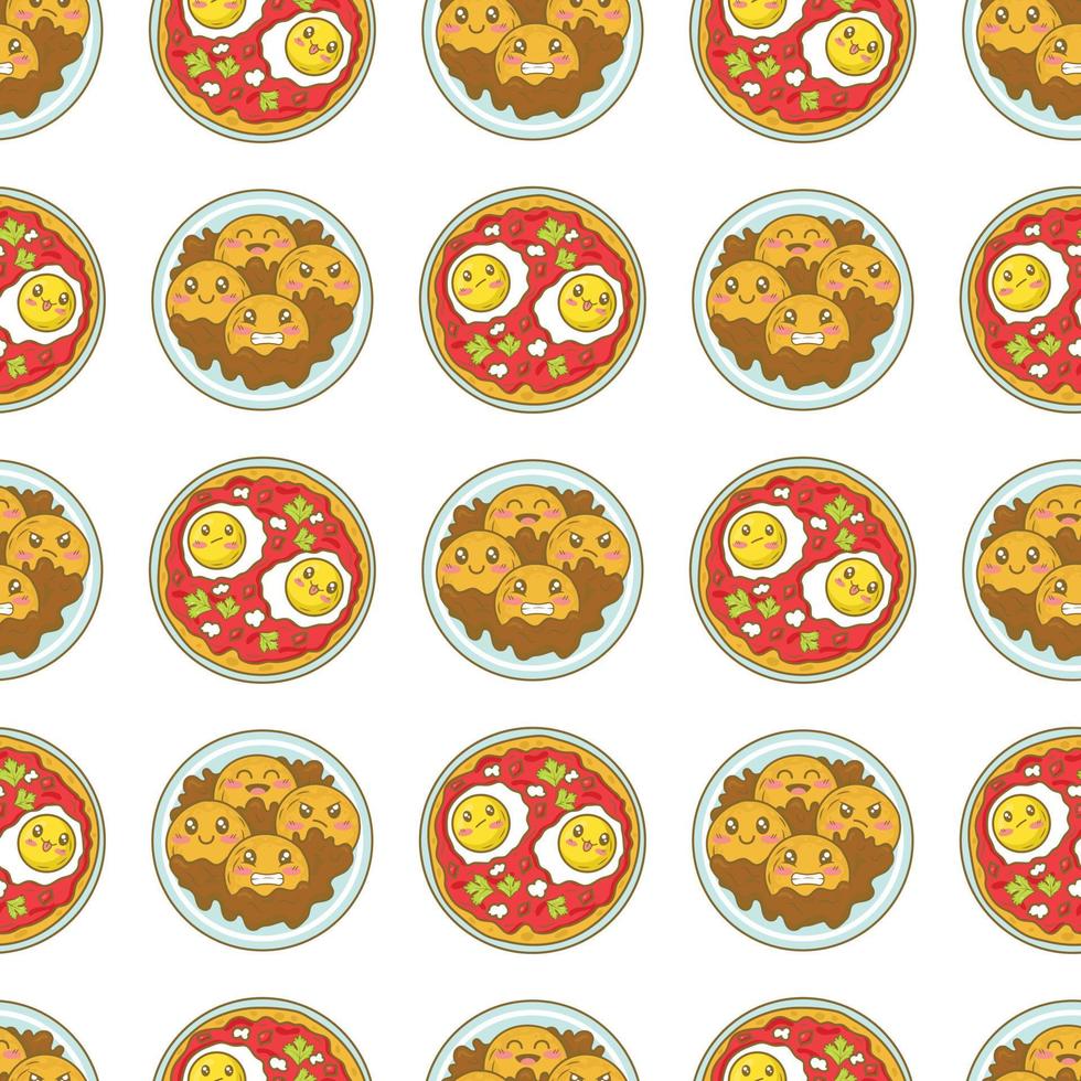 Seamless pattern with Mexican dessert pumpkin pancakes Sopaipilla and scrambled eggs Huevos Rancheros with funny faces in doodle cartoon style isolated on white background vector