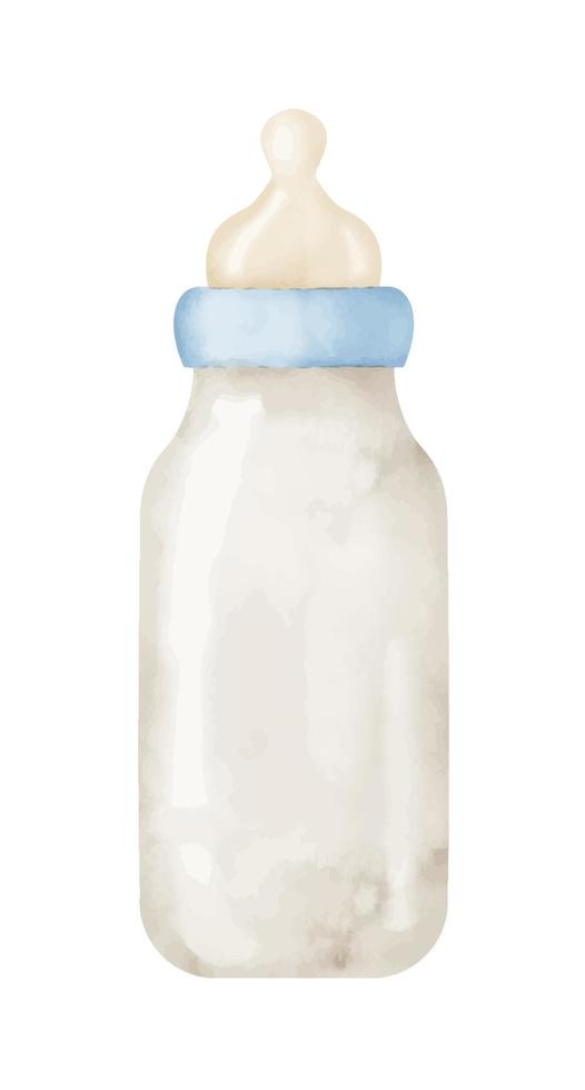 Watercolor Baby Bottle for milk. Hand drawn illustration on isolated background. Object for child food. Drawing for shower greeting cards or invitations. Plastic element for little Boy. Pastel colors vector
