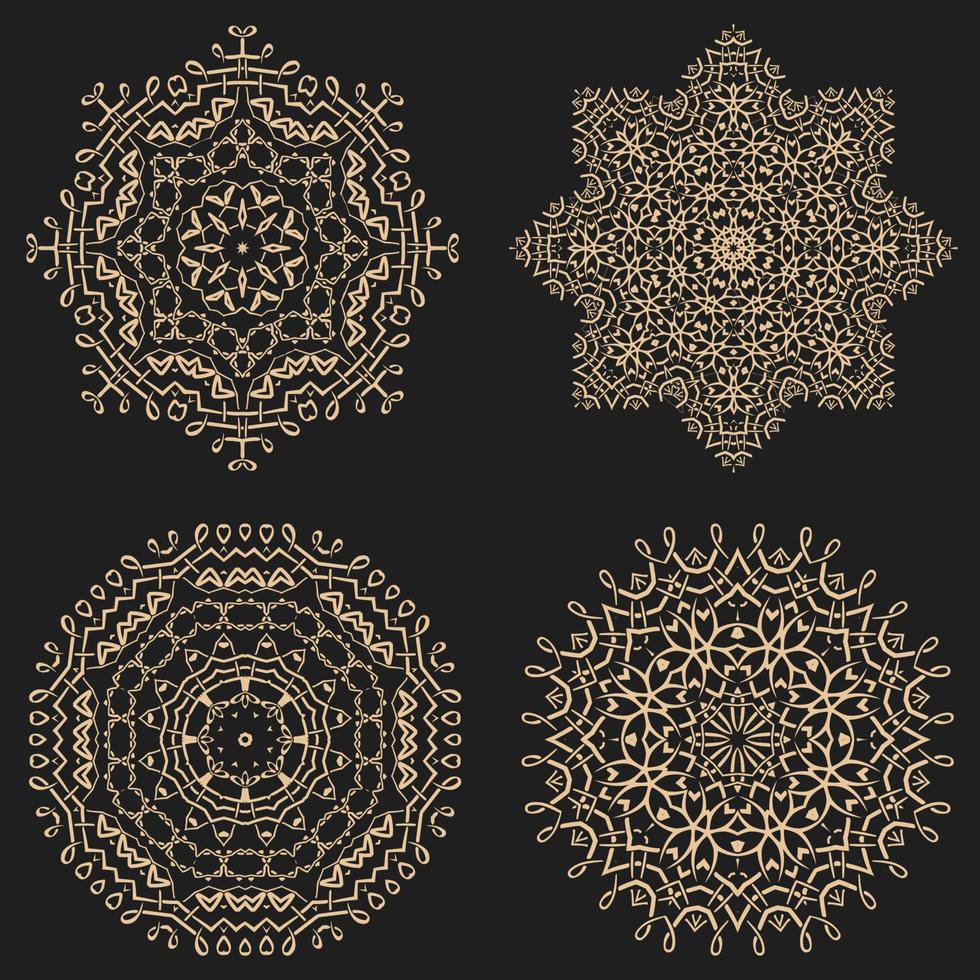juego de adornos con mandala. hermosos elementos decorativos de círculo geométrico hechos en vector. oro sobre fondo negro. vector