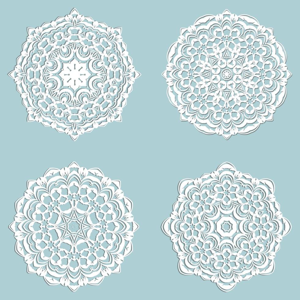 Set of four beautiful lace snowflakes made in vector. Decorative elements for cards, invitations, labels. White on light green background. vector