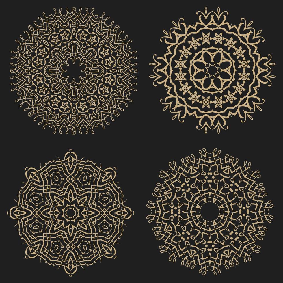 Ornament set with mandala.  Beautiful decorative geometric circle elements made in vector. Gold on black background. vector