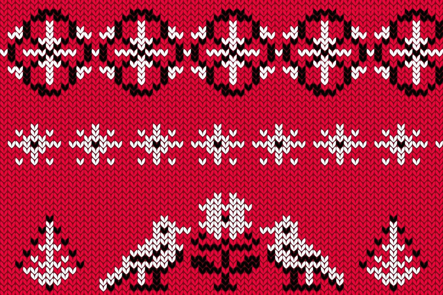 Knitted floral and geometric ornaments made in white and black colors on a red backrground. vector
