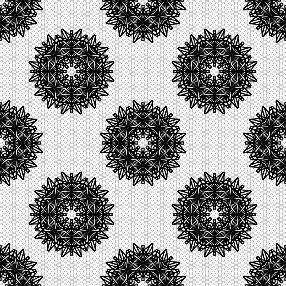 Seamless pattern with lace imitation texture with circular floral elements. Black on white background. Vector illustration.