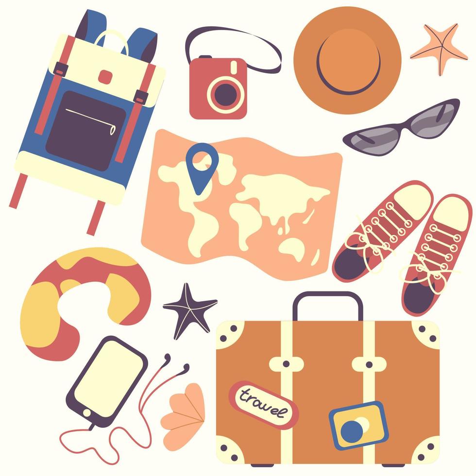 conjunto de artículos de viaje. colección de artículos para vacaciones o viaje. conjunto de cosas de verano mapa, bolsa, maleta, gafas, sombrero, risitas, almohada. ilustración vectorial de stock aislada en fondo blanco, eps 10. vector