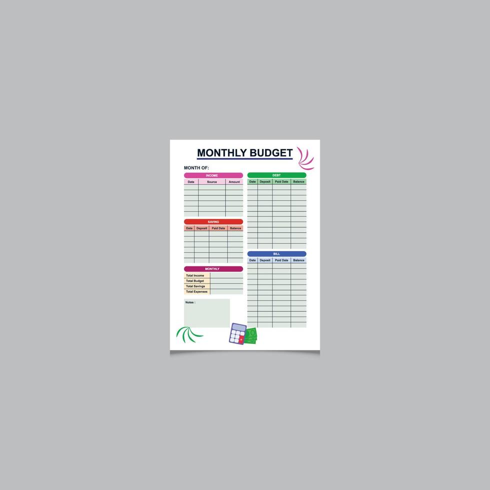 Print Beautiful Budget Planner Template, planners. daily, weekly, monthly planner template. bullet journal. vector