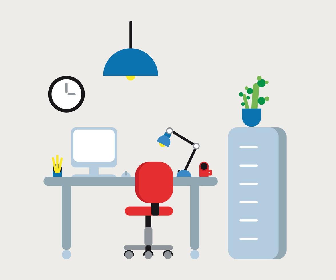 ilustración plana del lugar de trabajo con mesa, silla roja vector