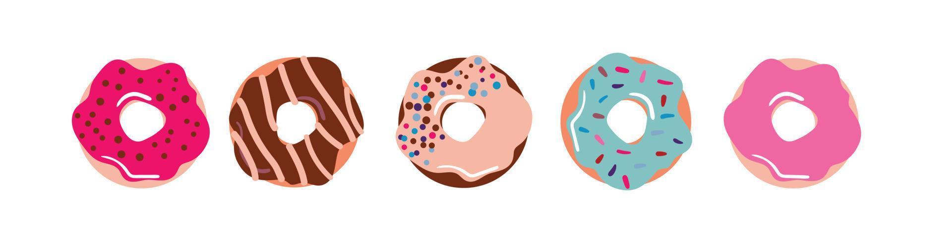 donuts en glaseado colorido, decorados con chispitas y chocolate. vista desde arriba. ilustración vectorial para el diseño de menús, decoración de cafeterías, cajas de entrega. ilustración de vector de donuts en estilo plano.
