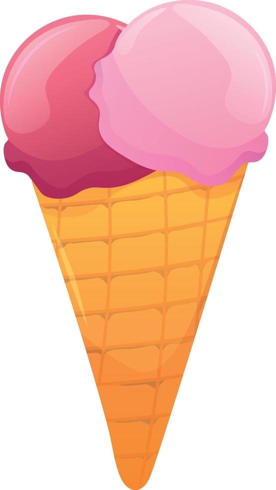 Ice cream balls in the waffle cone isolated on white background. Vector flat cartoon illustration. Tasty summer dessert. Pink Valentines day sweets