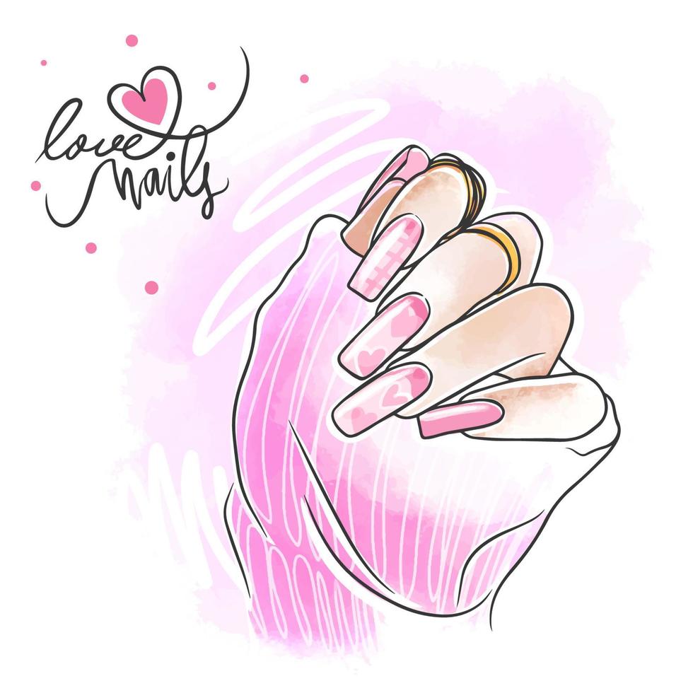 Valentines Day heart nail design, nails in love, holiday manicure vector
