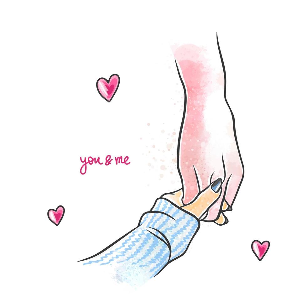 A woman hand in a sweater, with beautiful nails holds a man hand, watercolor hands of lovers, you and me vector