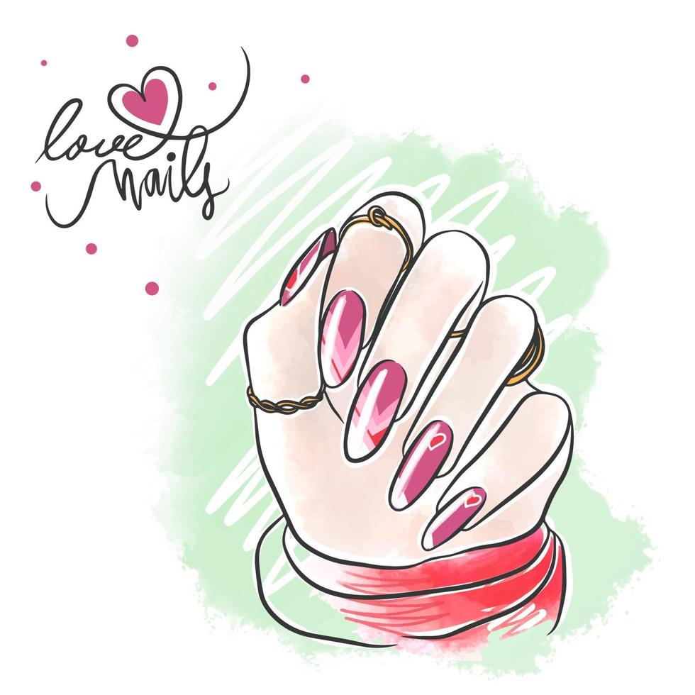 hermoso diseño de uñas geométricas rosas, uñas largas, manicura vector