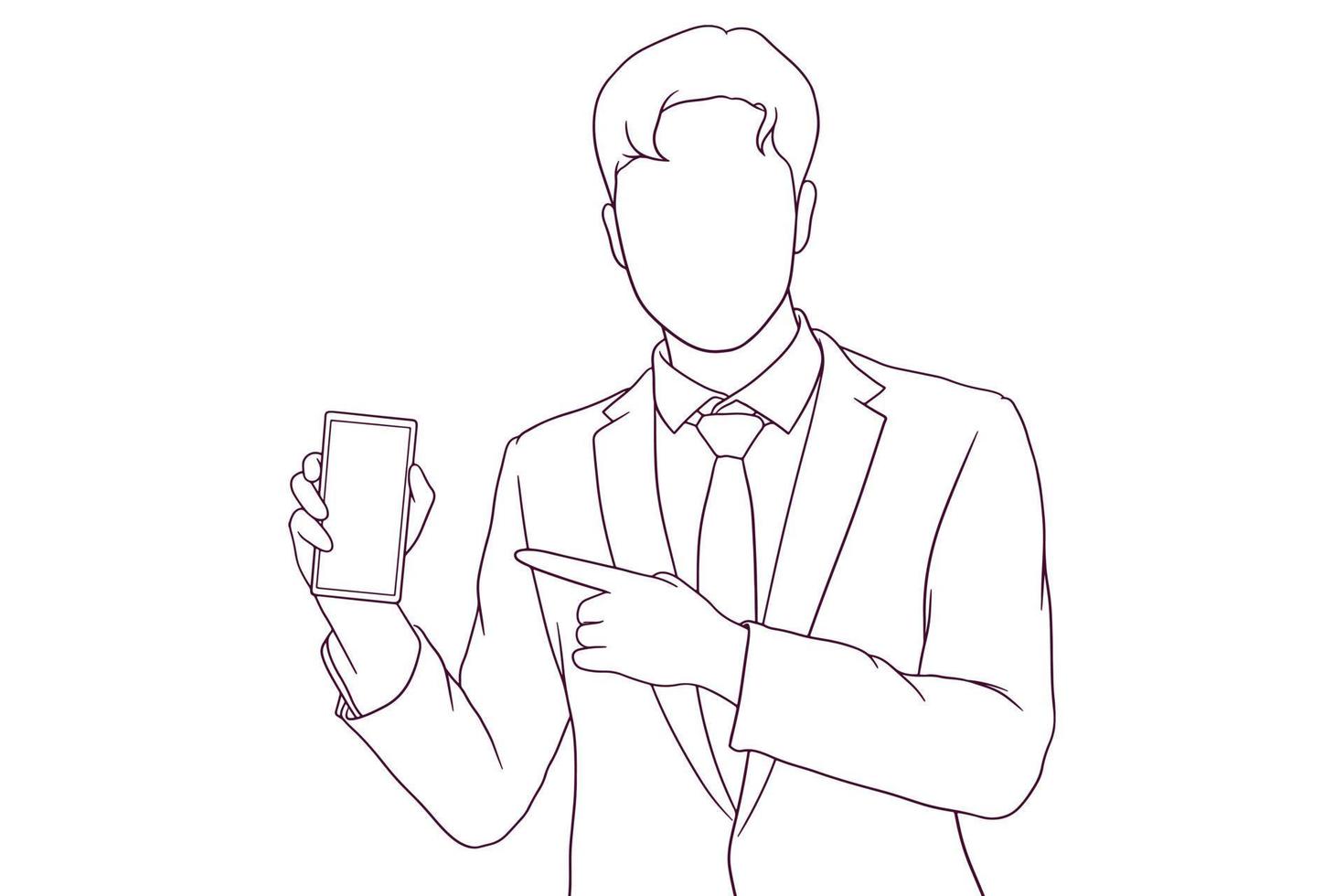 businessman pointing at phone hand drawn style vector illustration