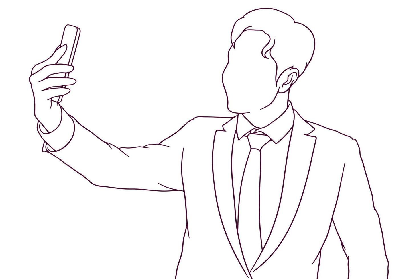 businessman take a selfie hand drawn style vector illustration