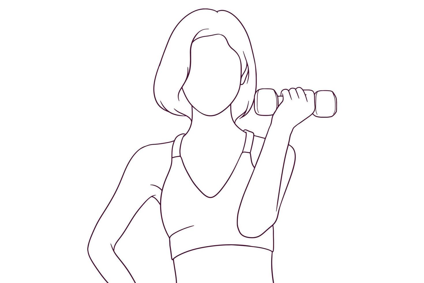 mujer joven en traje de fitness sostiene una ilustración de vector de estilo dibujado a mano con mancuernas