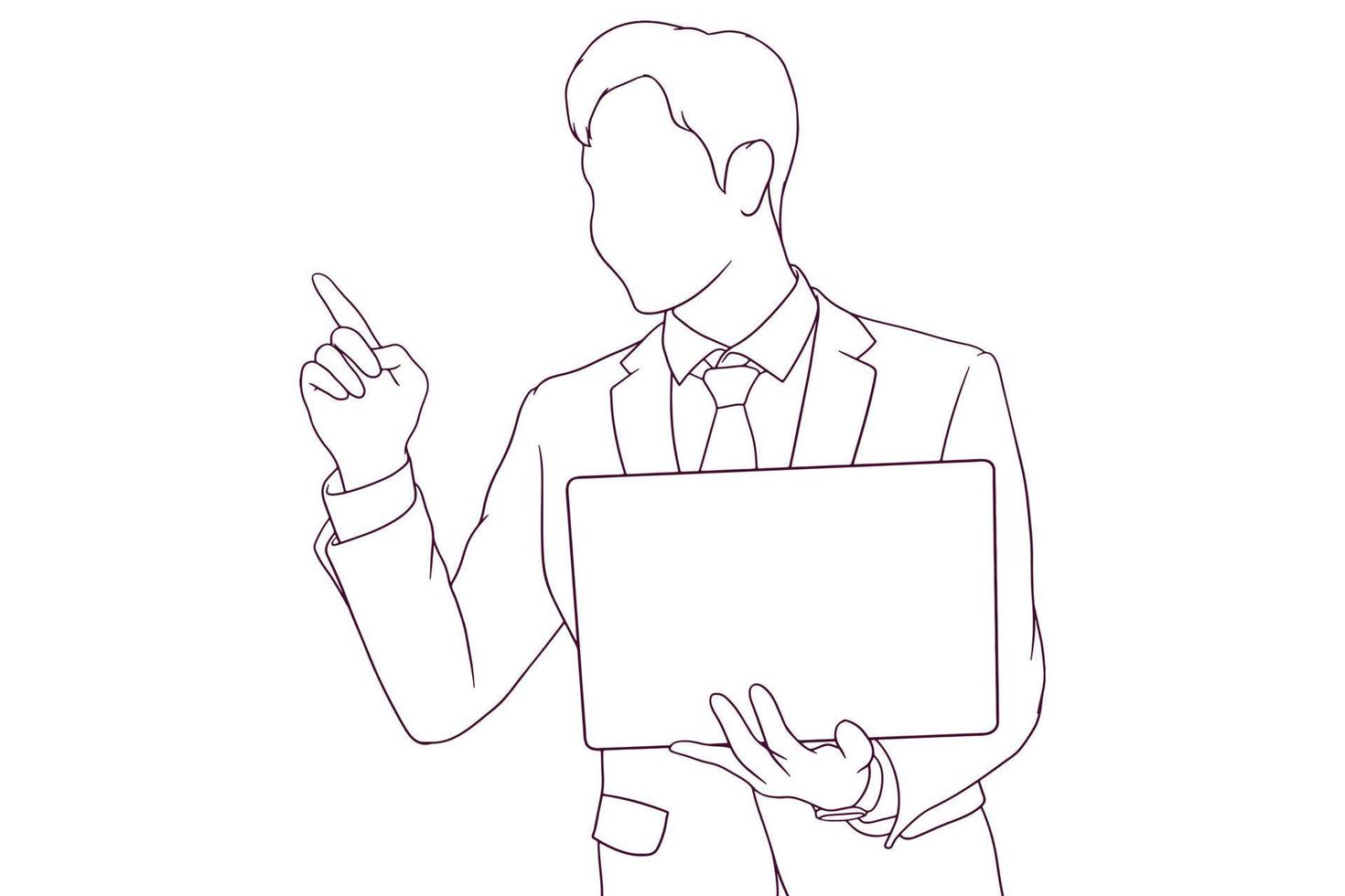 businessman is pointing while holding a laptop hand drawn style vector illustration