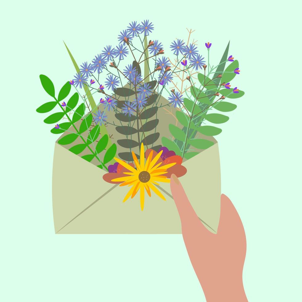 Bouquet of spring flowers inside the envelope and other decor elements in the hand. Flat design. Hand drawn trendy vector greeting card.