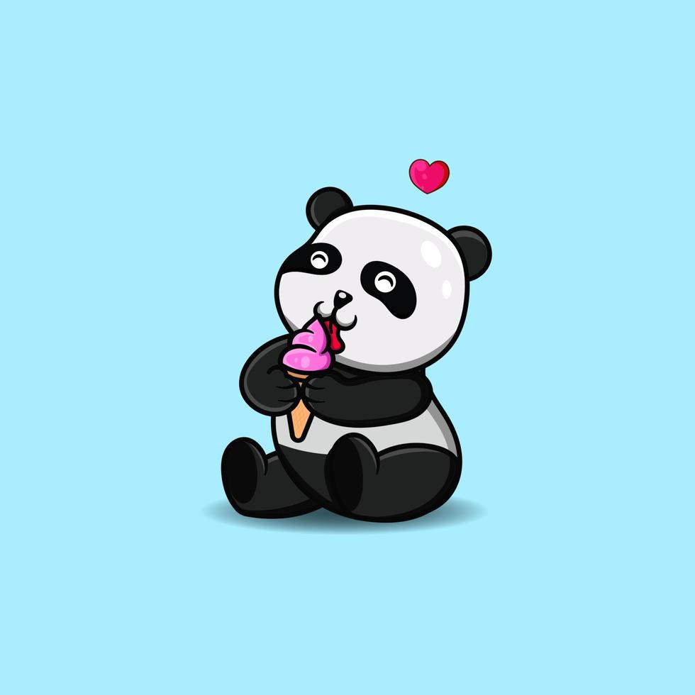 Vector illustration of cute panda licking ice cream.