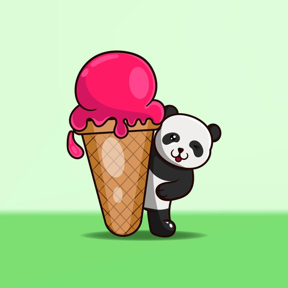 ilustración vectorial de un lindo panda escondido detrás de un cono de helado gigante. vector