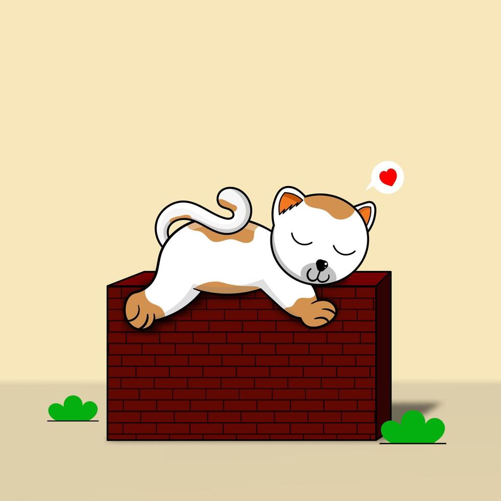 lindo gato durmiendo en una pared de ladrillos. concepto de mascota lindo vector premium. adecuado para el diseño de camisetas para niños.