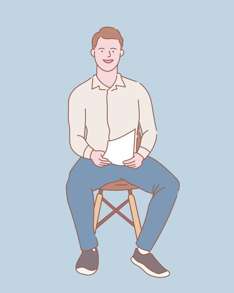 businessman sitdown holding white paper document with outline or line and clean simple style vector