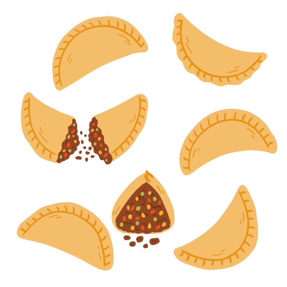 empanadas en estilo plano de dibujos animados. ilustración vectorial dibujada a mano de comida tradicional latinoamericana, cocina popular vector