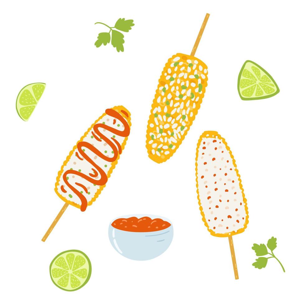 Elot dish in cartoon flat style. Traditional Mexican food, folk cuisine. Hand drawn vector illustration of grilled corn with spices