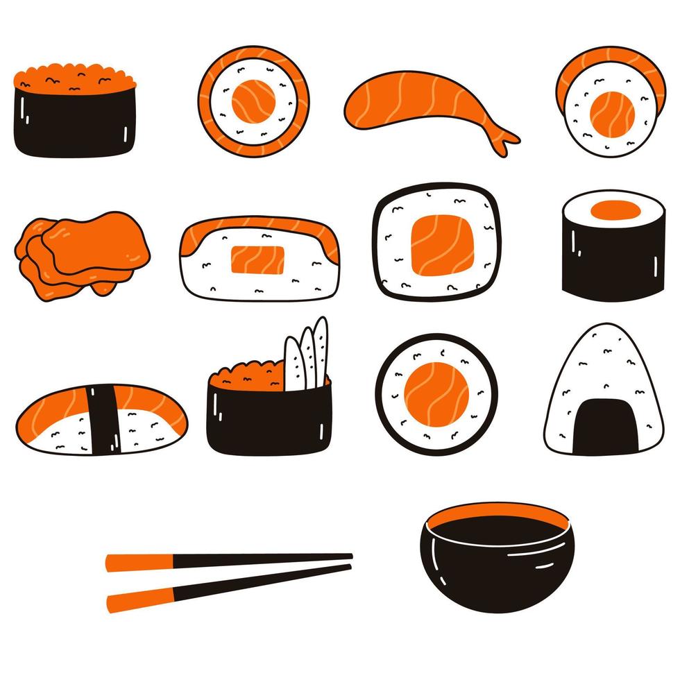 Sushi set with soy sauce, ginger, wasabi, chopsticks in doodle style. Hand drawn illustration of Japanese traditional cuisine vector