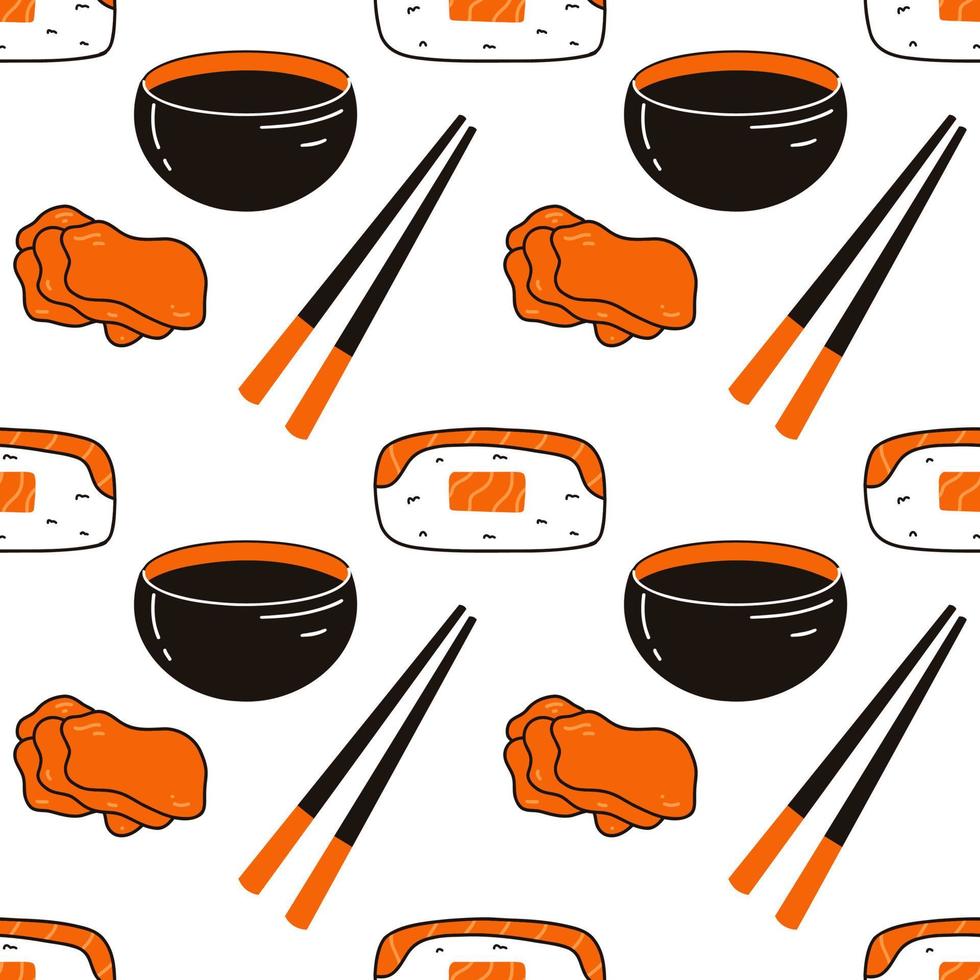 Seamless pattern with sushi, soy sauce, ginger and chopsticks. Hand drawn vector background with traditional Japanese cuisine