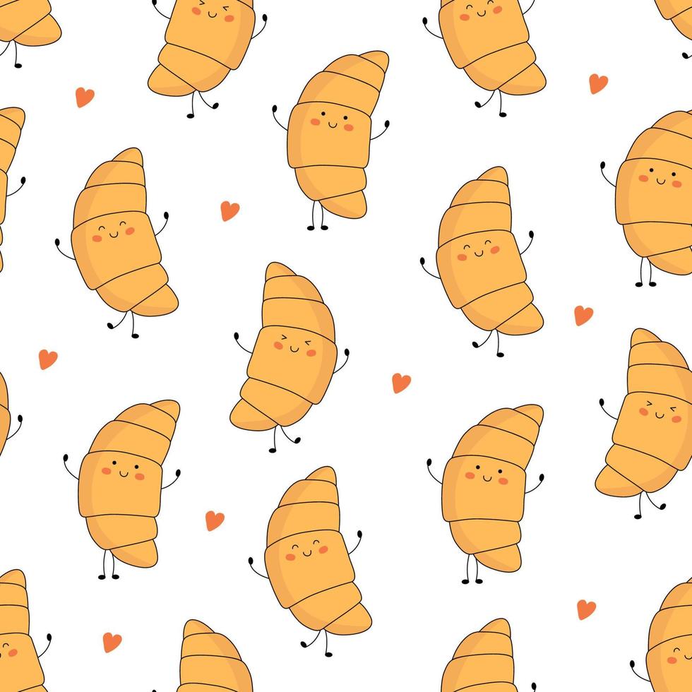 Seamless pattern with cute croissant characters with face with different emotions, hands and legs. Funny, happy cartoon mascot. Vector flat illustration