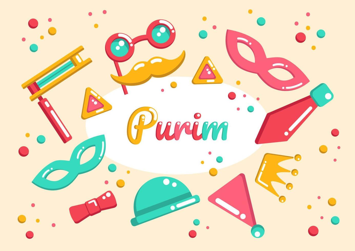 Group of Purim holiday flat doodle elements, decorative Purim objects, hat, glasses, moustache, beanbag, carnival masks, tie, crown and party cone. vector