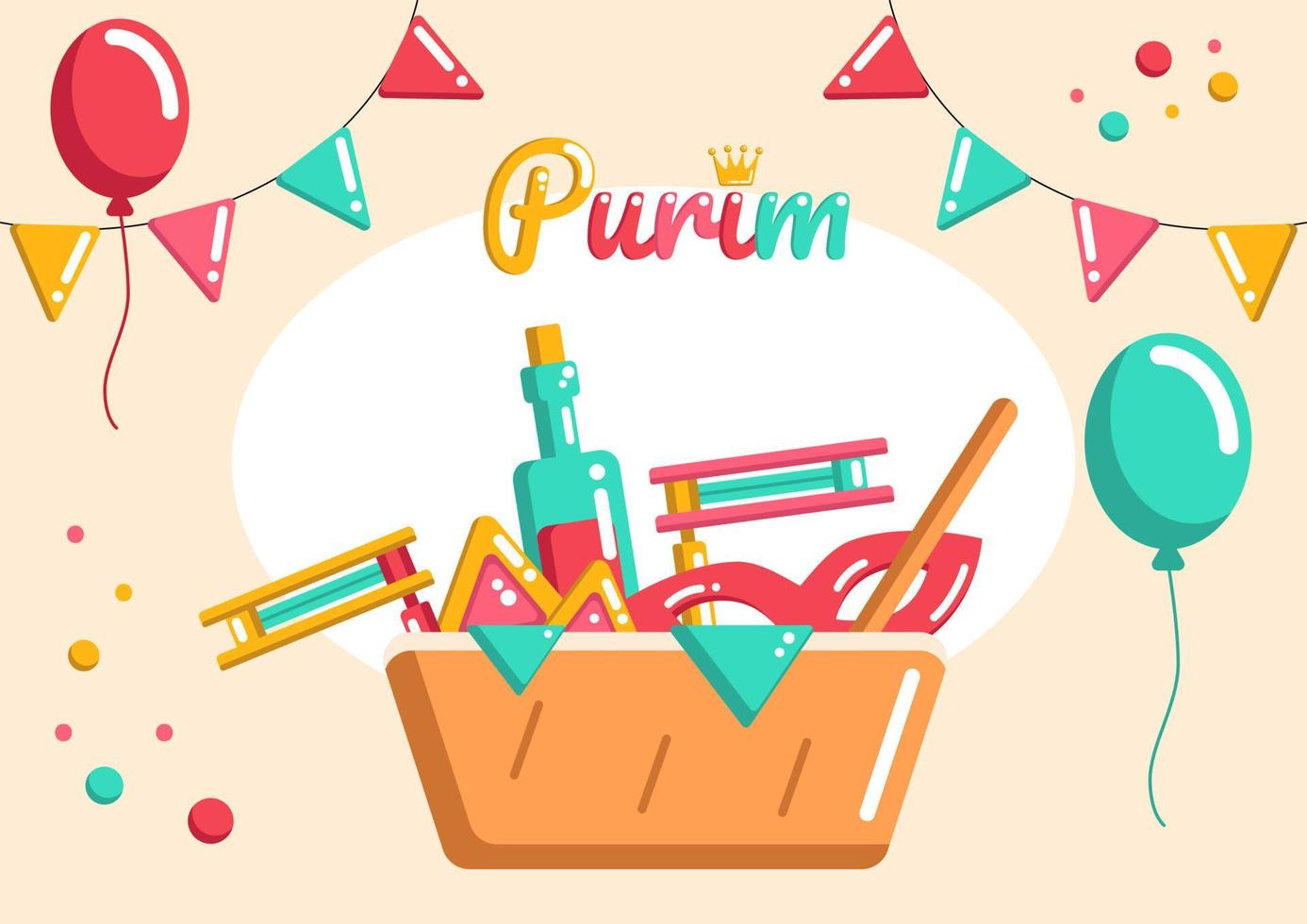 Purim holiday basket with party objects, wine, hamantaschen, mask and beanbags, greeting card, invitation with flags and balloons on the background. vector