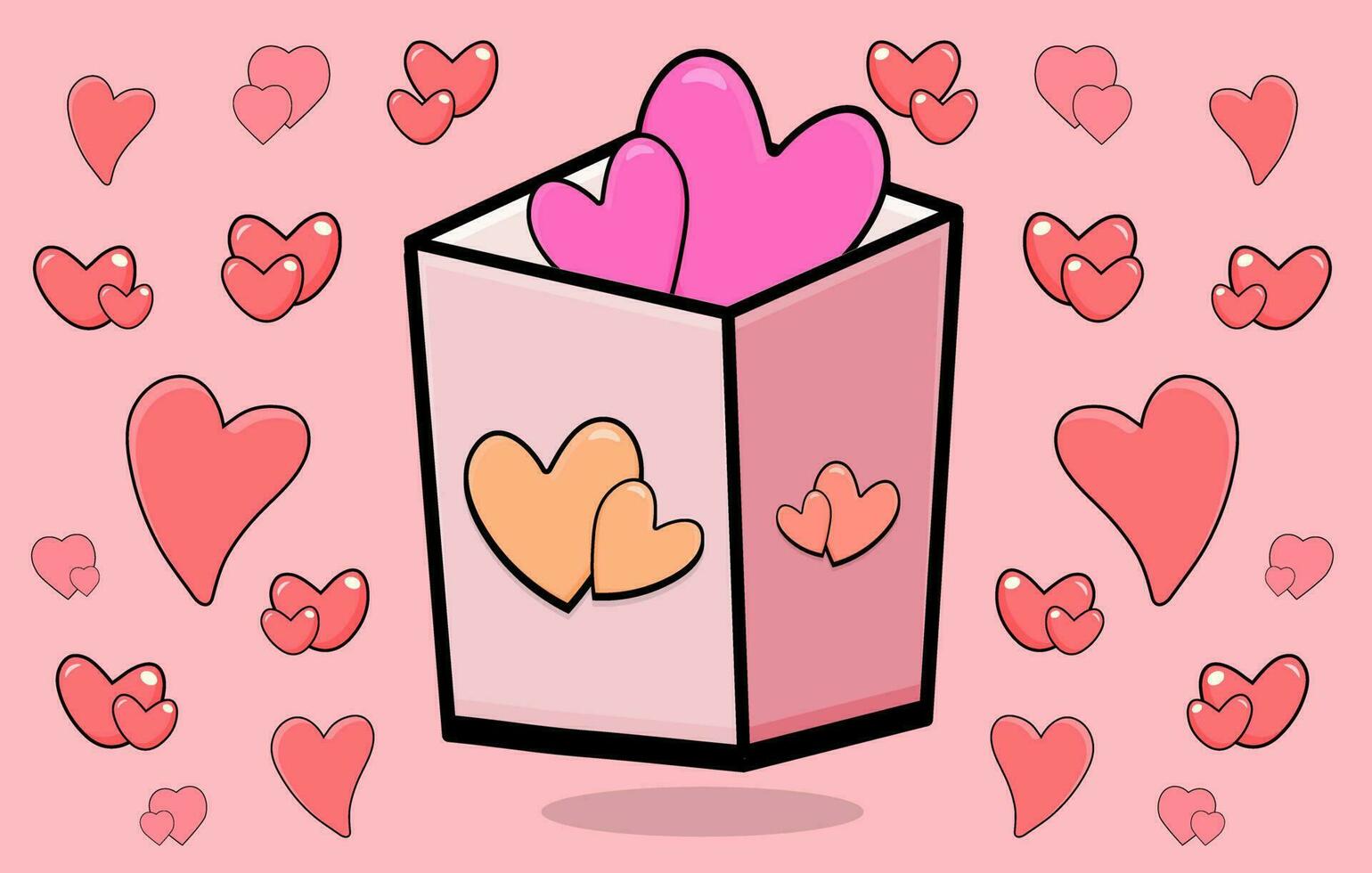 ilustración de forma de corazón dibujada a mano en el balde, ilustración plana de caja de corazones, corazones que provienen de un vector de caja abierta, corazones que provienen de un vector de caja abierta