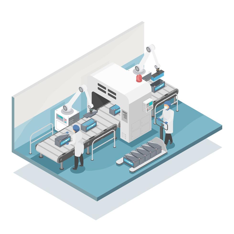 Li ion lithium ion EV motor Battery Production line factory conveyor robot arm ai technology autometic munufactory illustration isometric isolated vector