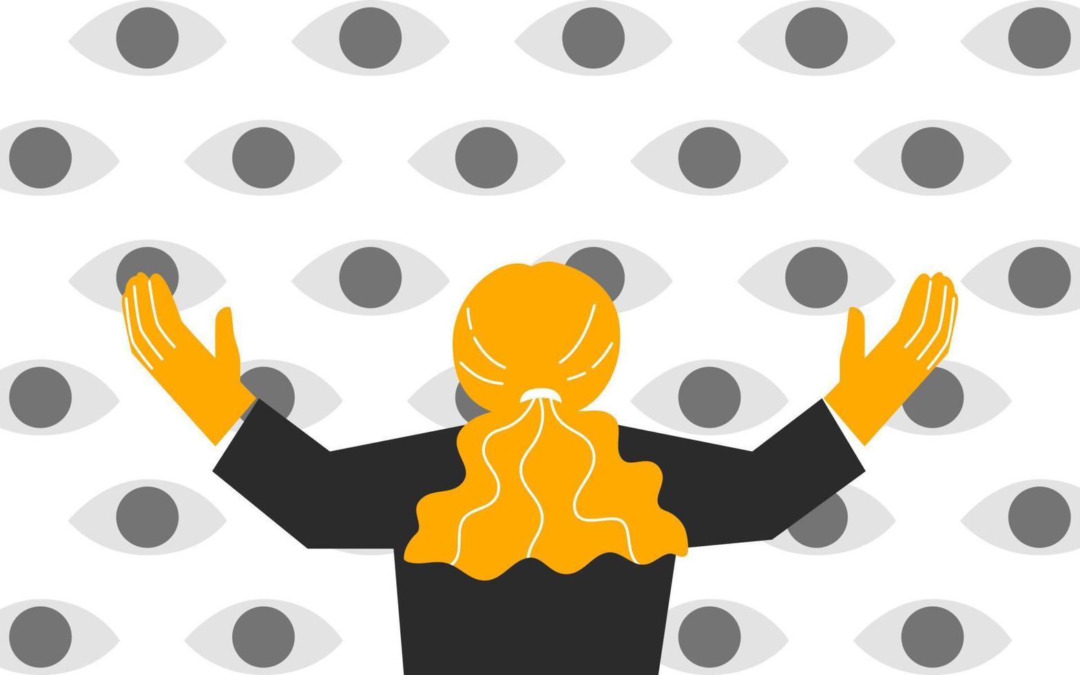 Confident woman with human eyes on backgrond, flat vector illustrations.