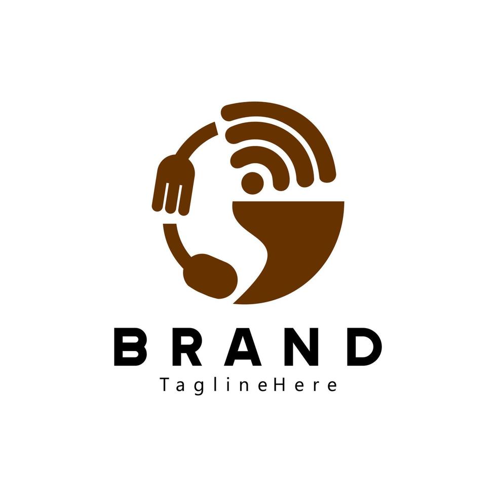 cafe logo design with spoon, fork, mug and wifi icons forming a brown color circle. vector