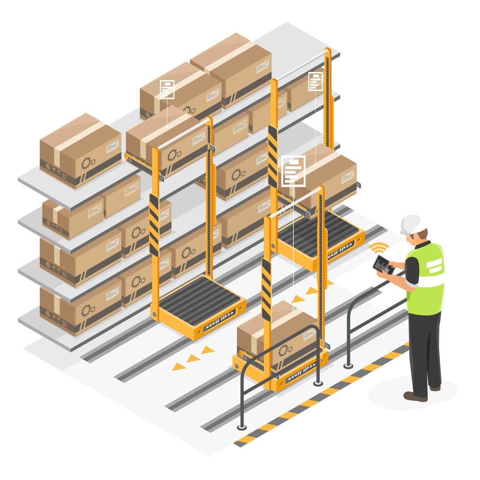 almacén inteligente piezas industriales amarillas tienda grande robot automático que trabaja gestionando desde la tableta sistema wms ilustración aislada isométrica vector