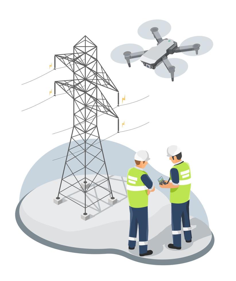 ingeniero o inspector de electricidad que usa una cámara de drones que inspecciona y mantiene el mantenimiento de un técnico eléctrico o un trabajador en una torre de transmisión eléctrica alta de alto voltaje de la planta de energía isométrica vector