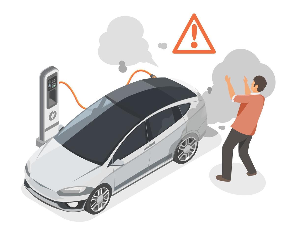 EV Electric Car Crash Circuit Failure Problem accident Charging Station Ecology refill Clean Power Battery smoke fire ecology zero emission Concept isometric isolated vector