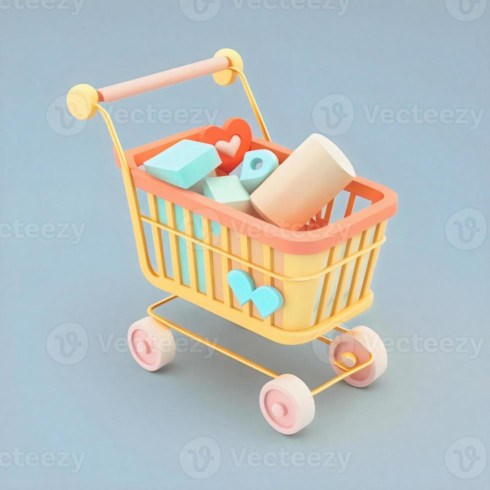 Cute whimsical 3D shopping cart icon character perfect for e-commerce, retail projects, website icons, app buttons, marketing materials. Adorable cartoon-like design, cheerful colors photo