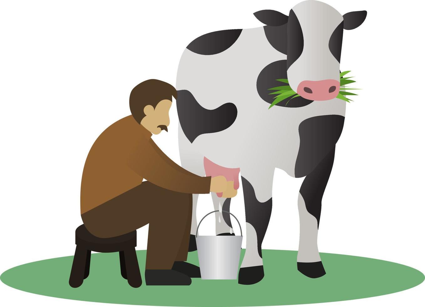 ordeñando una ilustración vectorial de vaca, leche de vaca y granjero, hombre alimentando una vaca y ordeñándola, vaca produciendo leche para la venta y productos agrícolas. concepto de ilustración de granja vector