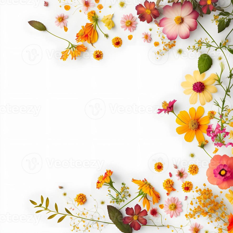 Top view floral background photo with plenty of copy space, perfect for website backgrounds, social media posts, advertising, packaging, etc. Vibrant flowers, lush greenery, shallow depth of field.