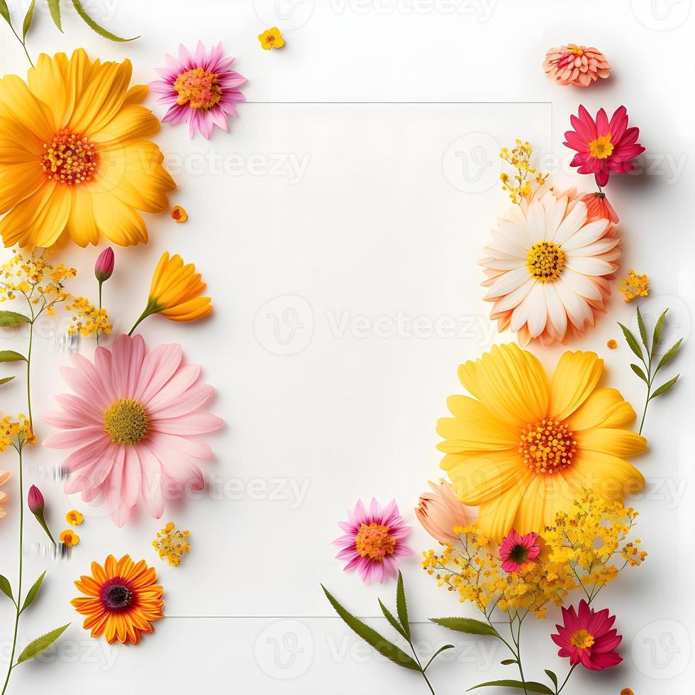 Top view floral background photo with plenty of copy space, perfect for website backgrounds, social media posts, advertising, packaging, etc. Vibrant flowers, lush greenery, shallow depth of field.