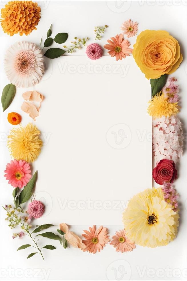 Top view floral background photo with plenty of copy space, perfect for website backgrounds, social media posts, advertising, packaging, etc. Vibrant flowers, lush greenery, shallow depth of field.