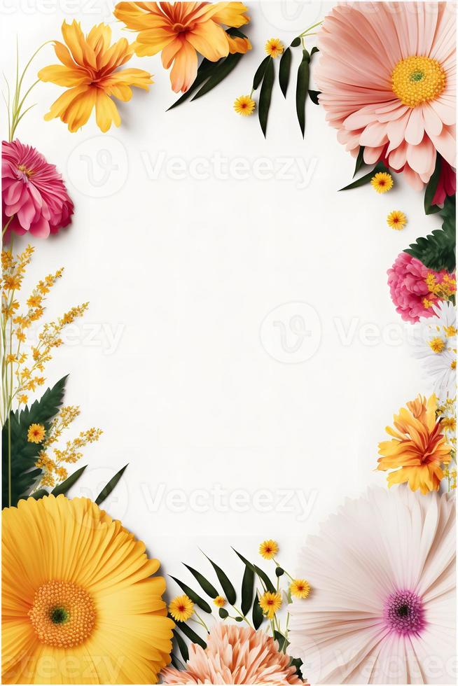 Top view floral background photo with plenty of copy space, perfect for website backgrounds, social media posts, advertising, packaging, etc. Vibrant flowers, lush greenery, shallow depth of field.